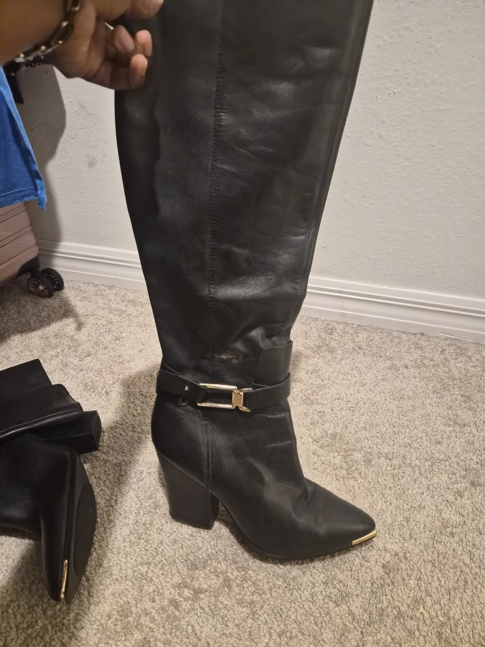 Aldo Black Genuine Leather Knee-High Heeled Boots with Gold Accents